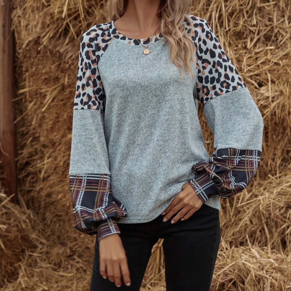 leopard print color block plaid grey top boho - Picture 4 of 4